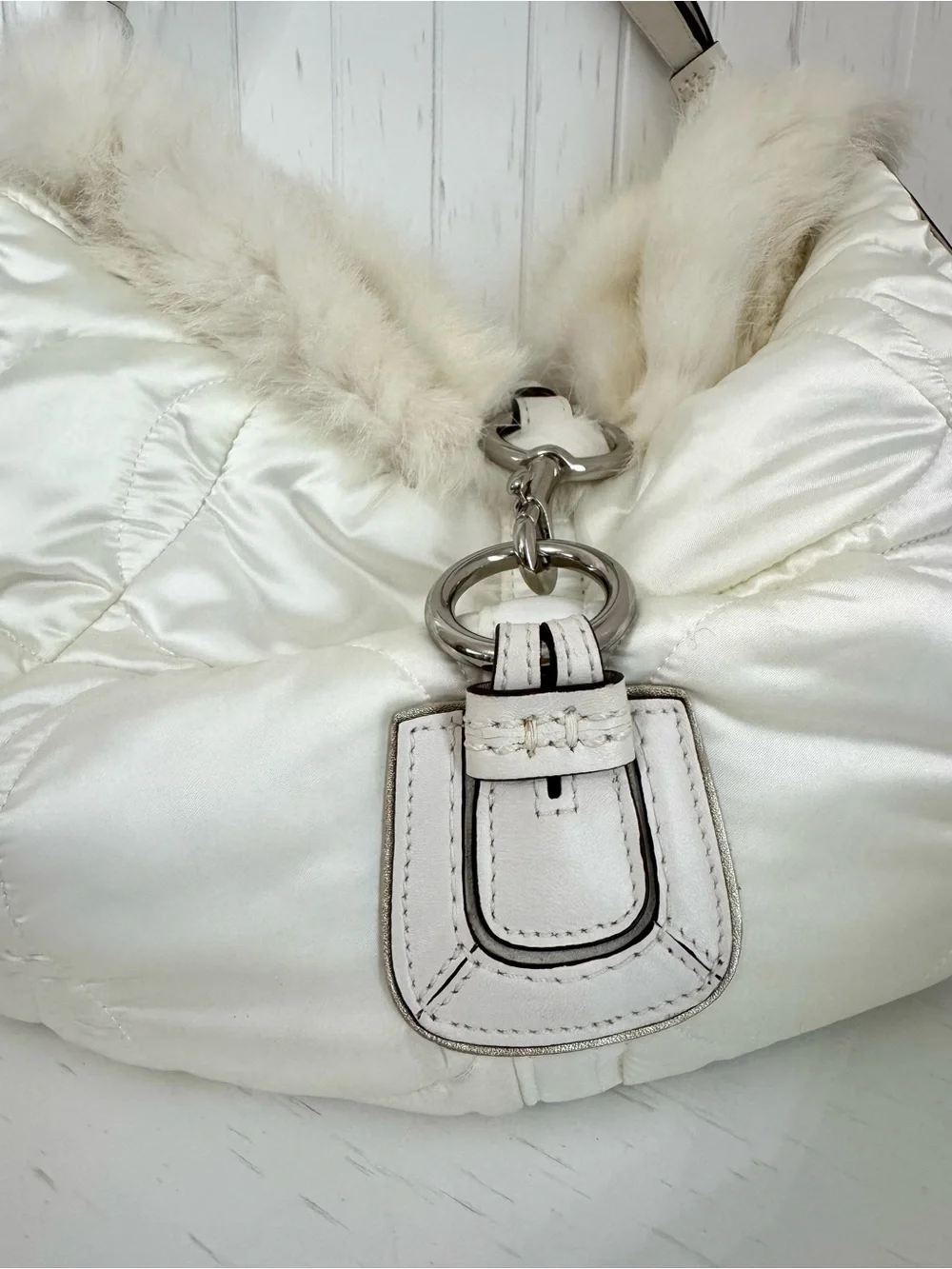 NWT, Y2K, Coach, Vintage, SoHo Ski, Cream Satin, Fur-Trim, Shoulder Bag